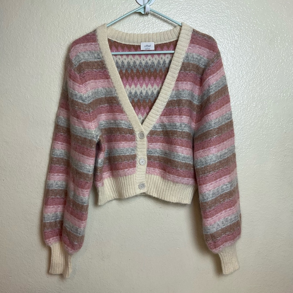 Aritzia Wilfred Cadence Cardigan Sweater Cropped Striped Pink Mohair Wool - Picture 2 of 8